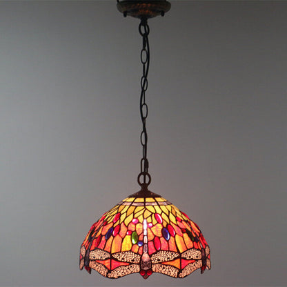 Tiffany Vintage Butterfly Stained Glass Dome 1-Light Pendant Light