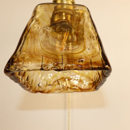 Traditional Vintage Brass Amber Square Glass Shade 1-Light Wall Sconce Lamp For Living Room