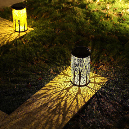 Modern Art Deco Solar Cylinder Skeleton Lantern Iron LED Outdoor Landscape Light For Garden
