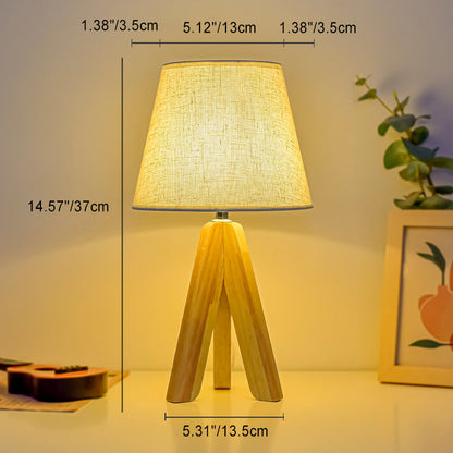 Contemporary Boho Round Cone Tripod Base Fabric Solid Wood LED Table Lamp for Bedroom