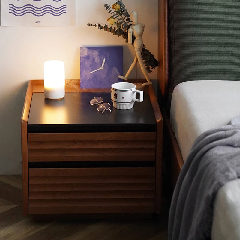 Traditional Vintage Rectangular Rock Slab Wood Base Nightstand 2-Drawer For Bedroom