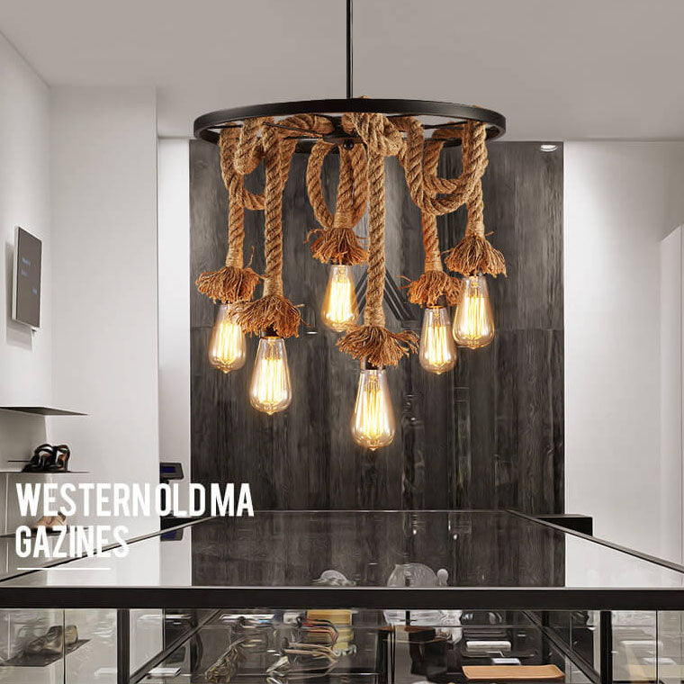 Retro Black Metal Wagon Wheel 3/6 Light Hemp Rope Chandeliers