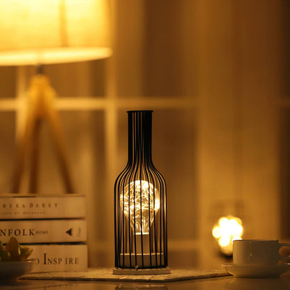 Retro Wrought Iron Wine Bottle Night Light Table Lamp