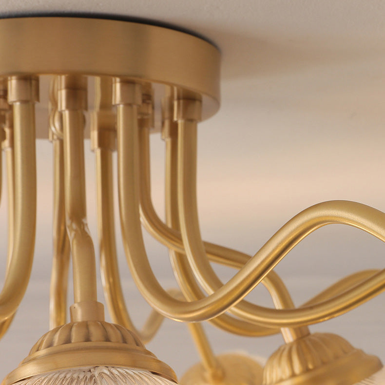 Traditional European Copper Glass Flower 5/12/15 Light Semi-Flush Mount Ceiling Light For Living Room