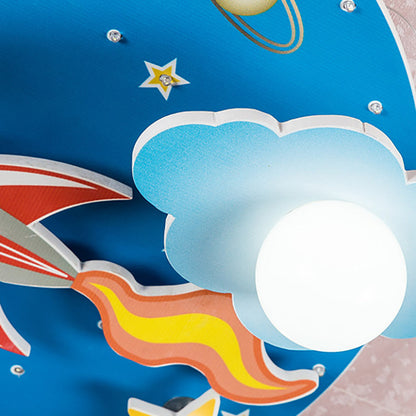 Modern Art Deco Kids Wood Plastic Round Rocket Starry Sky LED Flush Mount Ceiling Light For Bedroom