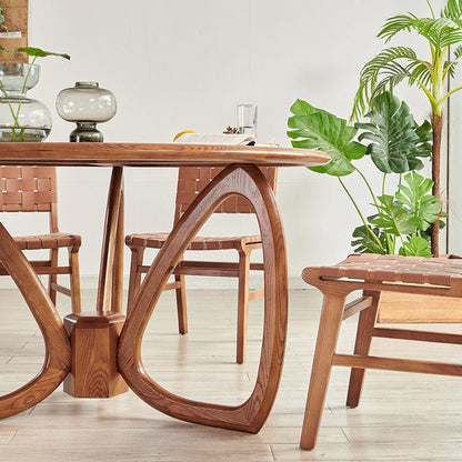 Contemporary Scandinavian Square Woven Wood Saddle Leather Dining Chair Backrest For Dining Room