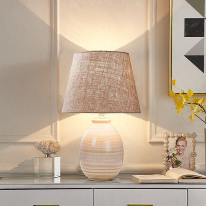 European Minimalist Oval Pot Ceramic Fabric 1-Light Table Lamp