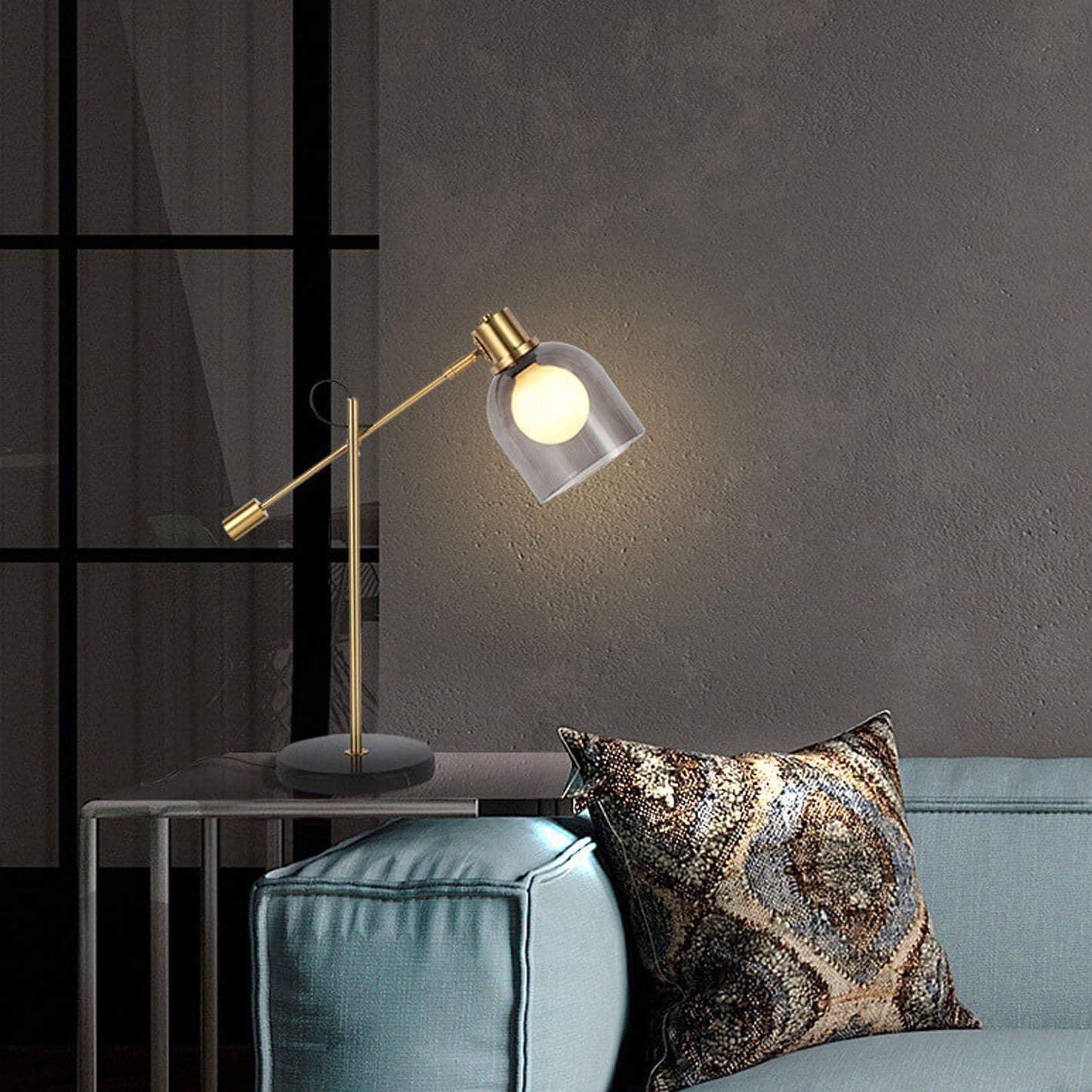 Postmodern Smoke Gray Glass Dome Metal  Arm 1-Light Table Lamp