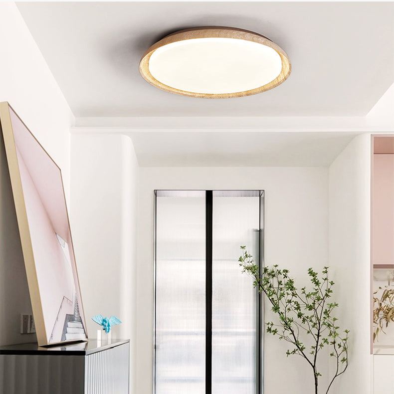 Traditional Japanese Round Disc Style Travertine Solid Wood Acrylic LED Flush Mount Ceiling Light For Bedroom