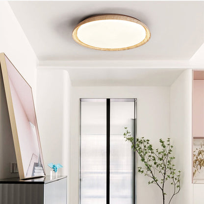 Traditional Japanese Round Disc Style Travertine Solid Wood Acrylic LED Flush Mount Ceiling Light For Bedroom