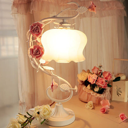 Vintage Romantic Pink Glass Ceramics Roses 1-Light Table Lamp