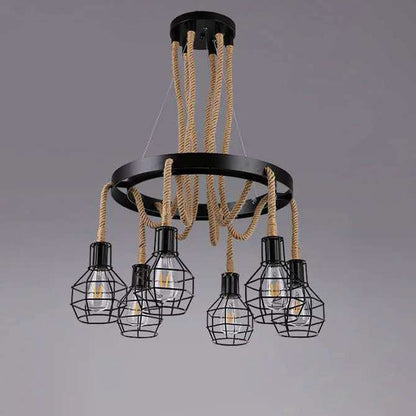 Traditional Rustic Hemp Rope Weaving Iron Cage 6/8-Light Chandelier For Dining Room