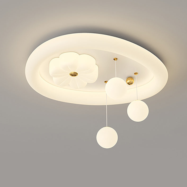 Modern Art Deco Oval Cream Bubble Flower Moon PE Iron LED Flush Mount Ceiling Light For Living Room