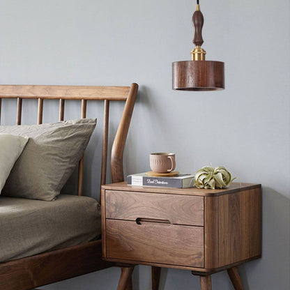 Japanese Brass Walnut Drum 1-Light Pendant Light