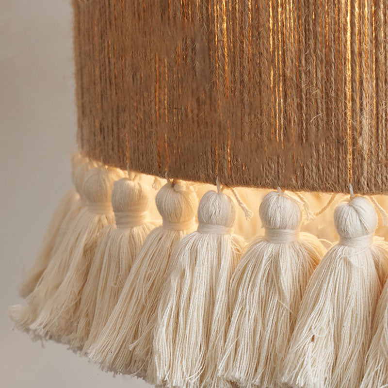Contemporary Boho Hemp Rope Weaving Cylinder Cotton Tassel 1-Light Standing Floor Lamp For Home Office
