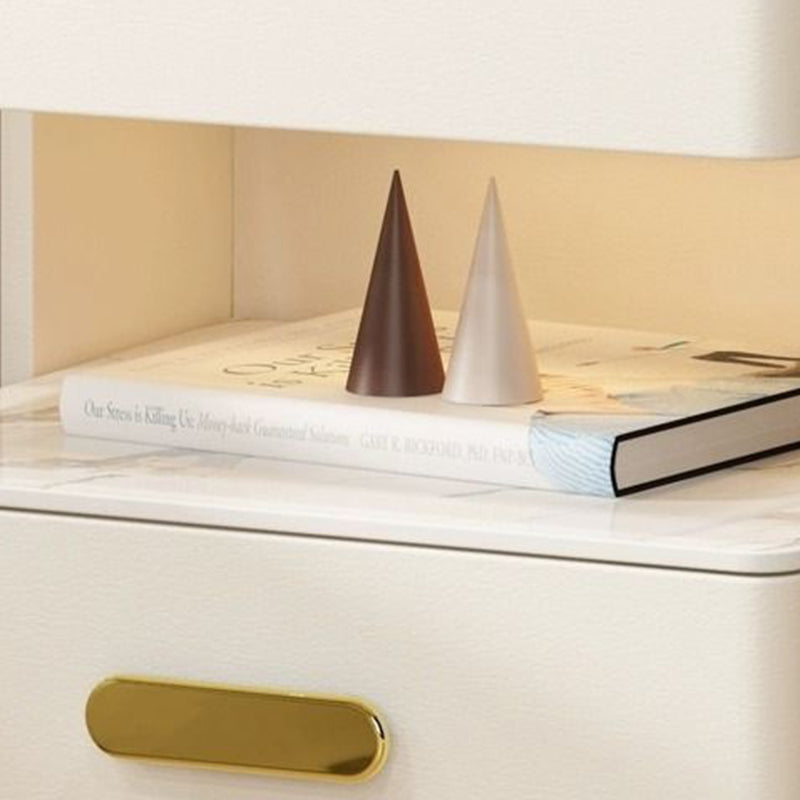 Contemporary Luxury Rectangular Rock Slab Solid Wood Microfiber Leather Nightstand 2-Drawer For Bedroom