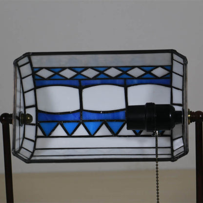 Traditional Tiffany Geometric Stained Glass Bank Pull Cord 1-Light Table Lamp For Home Office