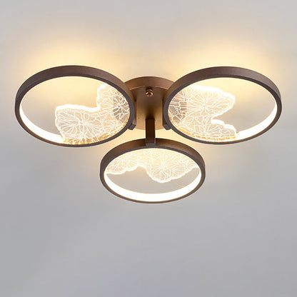Traditional Chinese Zen Iron Round Frame Acrylic Flower Pattern LED Semi-Flush Mount Ceiling Light For Living Room