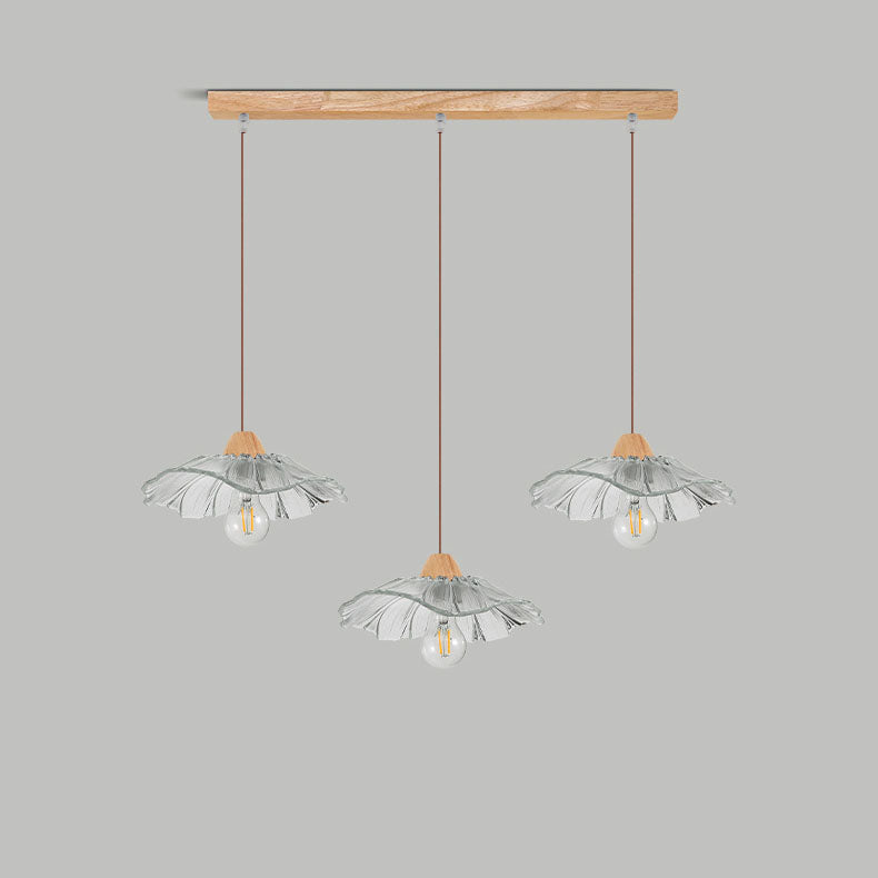 Modern Art Deco Wood Lotus Leaf Glass Shade 1/3-Light Island Light Chandelier For Bedroom