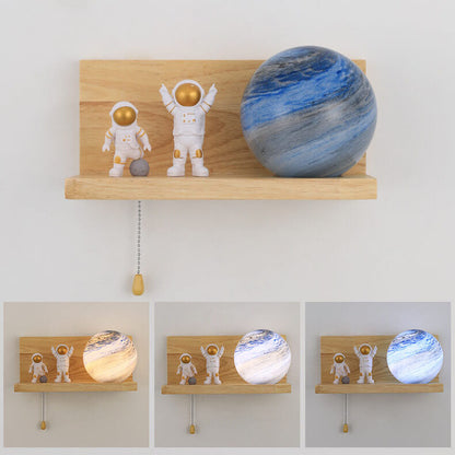 Modern Creative Planet Glass Solid Wood Square Base 1-Light Wall Sconce Lamp