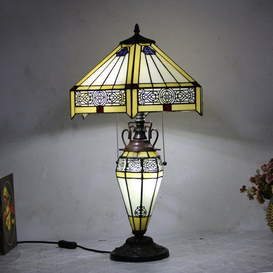 European Tiffany Stained Glass Hexagonal Dome Pull Cord 2-Light Table Lamp