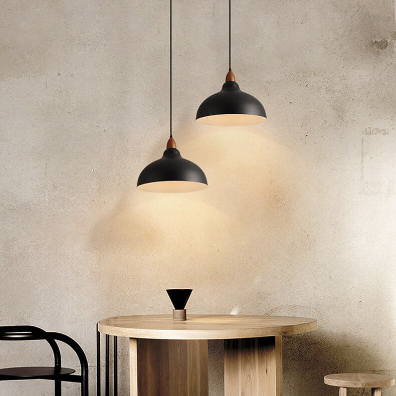 Japanese Simple Iron Dome Solid Wood Top 1-Light Pendant Light