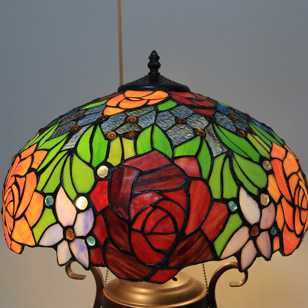 Tiffany European Vintage Floral Stained Glass Round Pot 3-Light Table Lamp