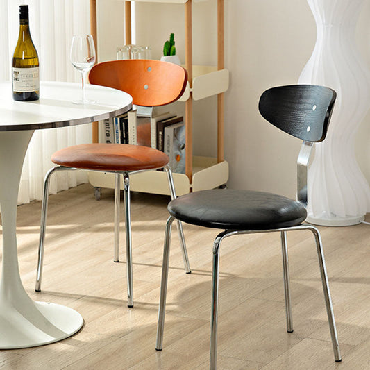 Modern Minimalist Round Wood Faux Leather Iron Dining Chair Four Legs Backrest For Dining Room