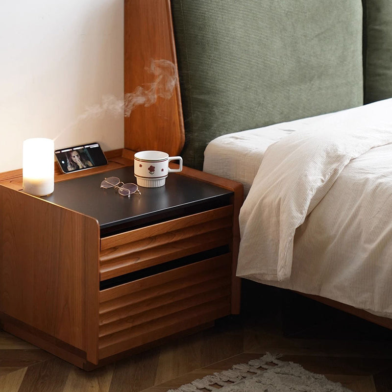 Traditional Vintage Rectangular Rock Slab Wood Base Nightstand 2-Drawer For Bedroom