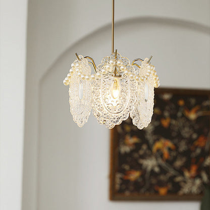 Traditional French Feather Pearl Petal Hardware Glass 1-Light Pendant Light For Bedroom