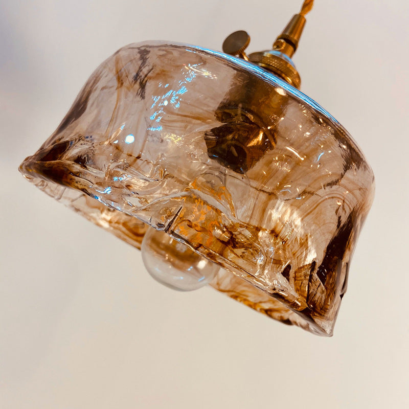Traditional Vintage Amber Square Glass Brass 1-Light Pendant Light For Living Room