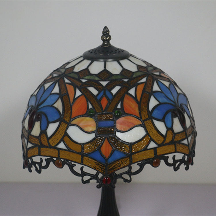 Traditional Tiffany Resin Zinc Alloy Glass Dome Bead 1-Light Table Lamp For Bedside