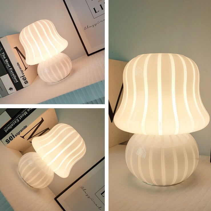 French Cream Handmade Glass Mushroom 1-Light Table Lamp