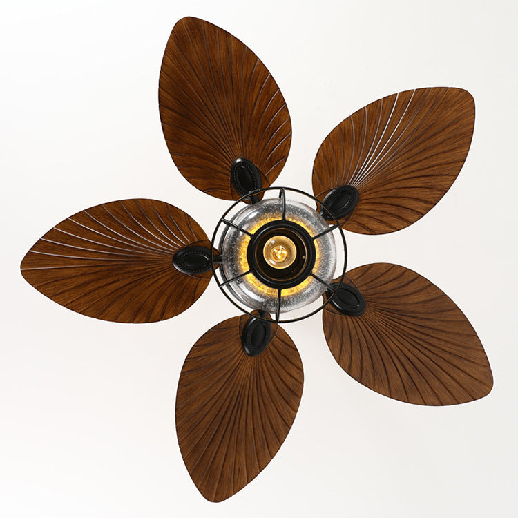 Traditional Rustic Lantern Banana Shaped Fan Leaf Iron Glass 1-Light Downrods Ceiling Fan Light For Outdoor Patio