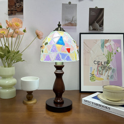 Traditional Vintage Wood Glass Hemispheroid Shell Lozenge 1-Light Table Lamp For Bedside