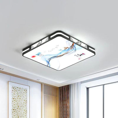 Traditional Chinese Iron Acrylic Round Square Rectangular Landscape Painting LED Flush Mount Ceiling Light For Living Room