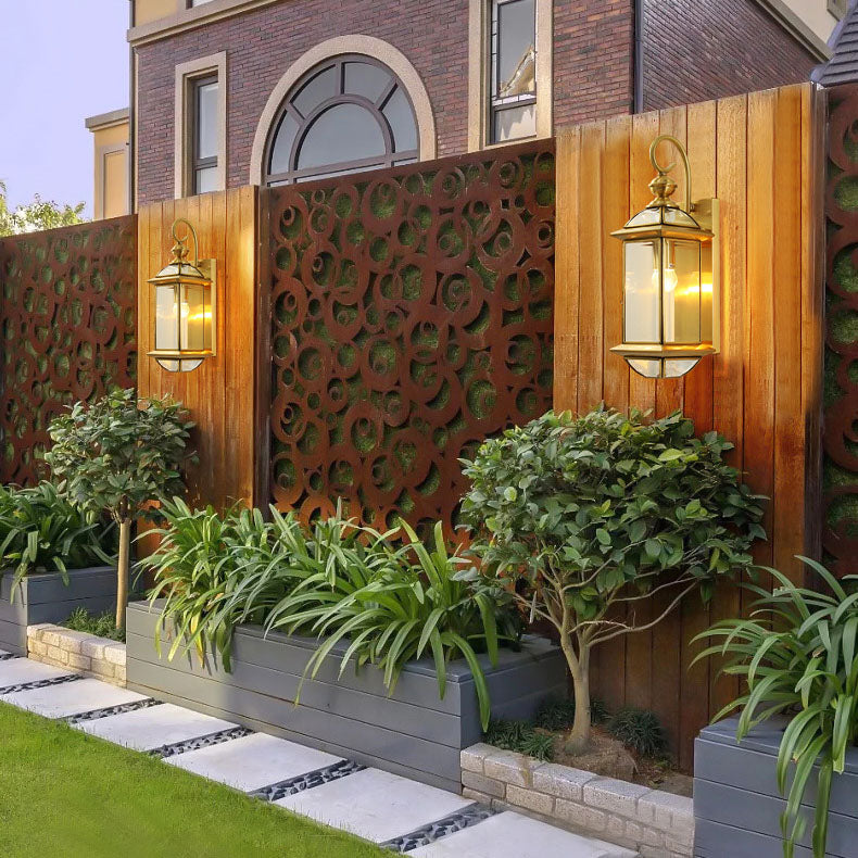 European Simple Copper Glass Square Lantern 1-Light Outdoor Waterproof Wall Sconce Lamp