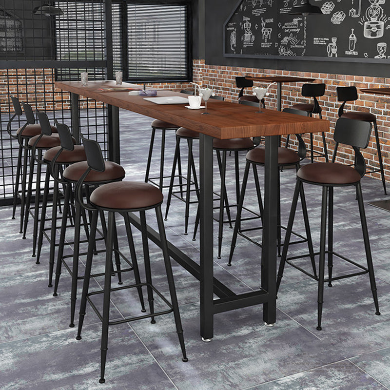 Traditional Vintage Round Wood PU Leather Iron Frame Bar Stool Backrest Footrest For Dining Room