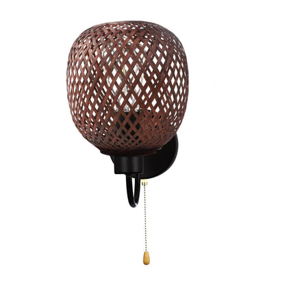 Traditional Chinese Iron Bamboo Woven Cage 1-Light Wall Sconce Lamp For Living Room
