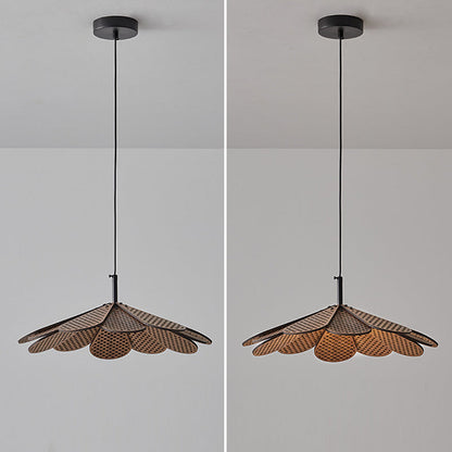 Traditional Japanese Round Flower Wood 1-Light Pendant Light For Living Room