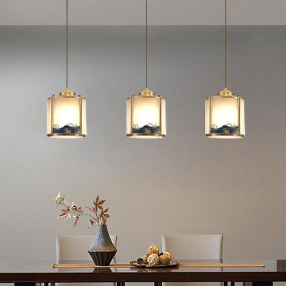 Traditional Chinese Brass Glass Cylinder 1-Light Pendant Light For Living Room