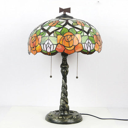 Traditional Tiffany Rose Dragonfly Stained Glass Dome 2-Light Table Lamp For Study