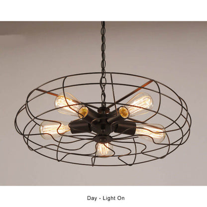 Retro Wrought Iron 5-Light Openwork Fan Cage Drum Chandeliers