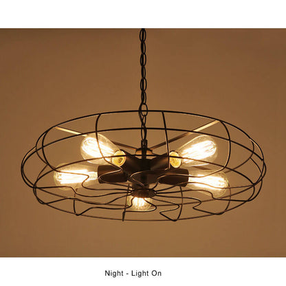 Retro Wrought Iron 5-Light Openwork Fan Cage Drum Chandeliers