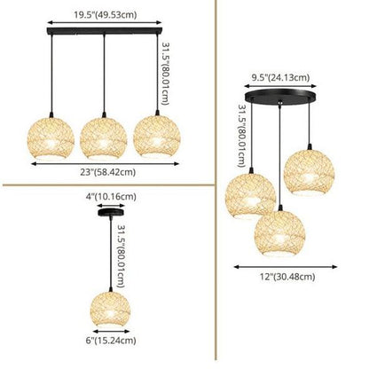 Rattan Weaving Beige Globe 1/3 Light Pendant Light