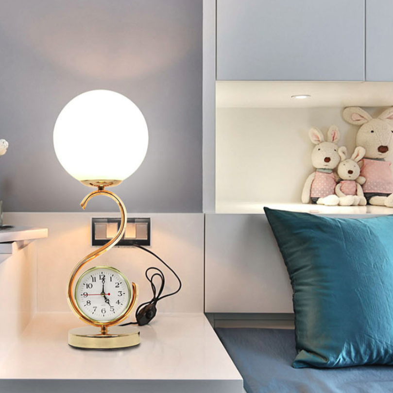 Contemporary Creative Orb Clock Iron Glass 1-Light Table Lamp For Bedroom