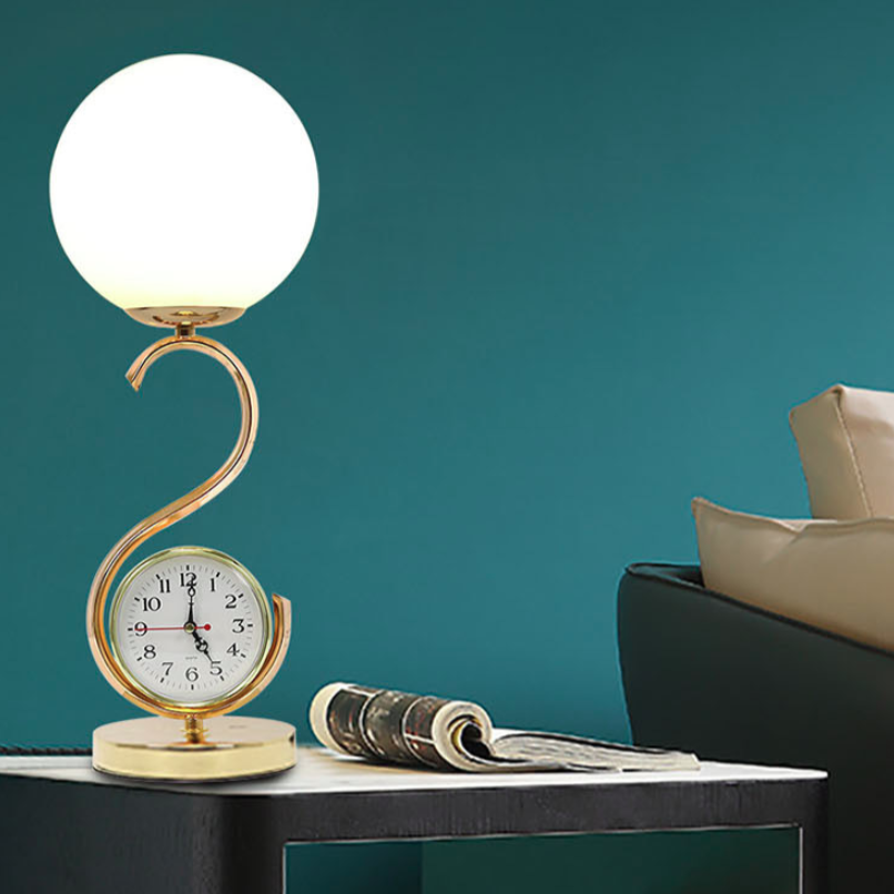 Contemporary Creative Orb Clock Iron Glass 1-Light Table Lamp For Bedroom