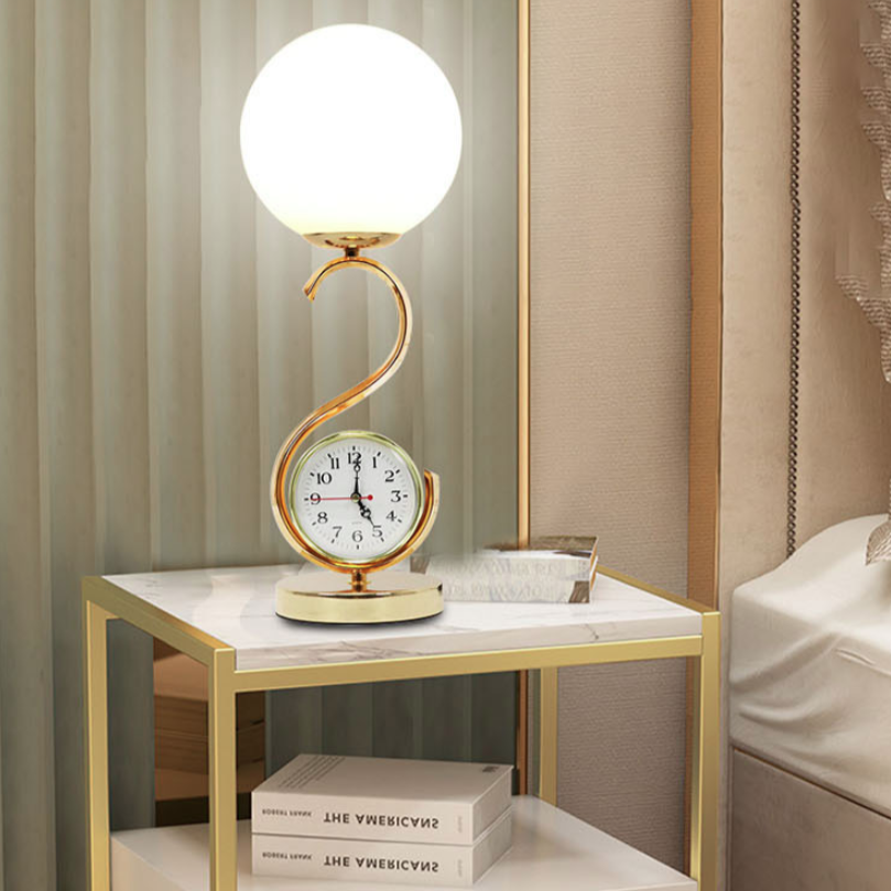 Contemporary Creative Orb Clock Iron Glass 1-Light Table Lamp For Bedroom