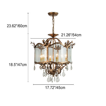 Traditional Vintage Round Floral Iron Crystal Glass 3/6 Light Pendant Light For Living Room