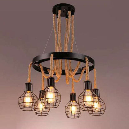 Traditional Rustic Hemp Rope Weaving Iron Cage 6/8-Light Chandelier For Dining Room